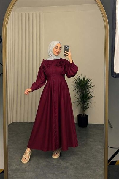 Dipmoda Women's Burgundy Belted Floral Detailed Premium Hijab Dress Dpvq4933