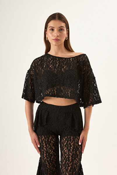Tt Line Kadın Kayık Yaka Dantel Crop Top Yarasa Kollu Transparan Bluz Bohem F...