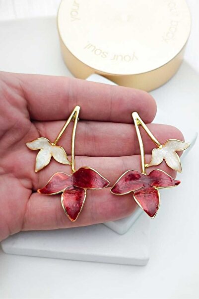 KYOLA DESİGN Burgundy White Pearlescent Double Leaf Gold Women's Earrings (6cm)