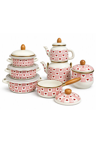 HOME SET Kalpli Emaye Saklama & Çaydanlık Seti 16 Parça | 3’lü Saklama Kabı, ...