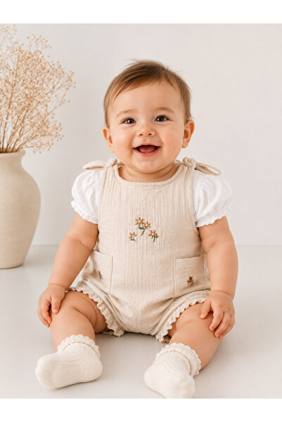 Uğur bebe Baby Girl Beige Color Shoulder-Strap 100% Cotton Muslin Jumpsuit an...