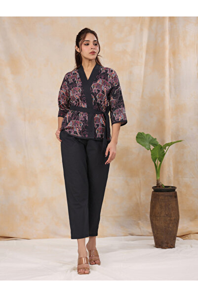 Sanskrutihomes By Styli Black Animal Print Wrap Top and Pants Set