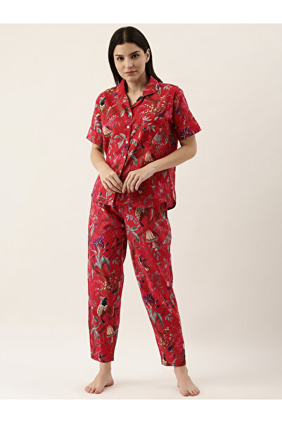 Sanskrutihomes By Styli Red Tropical Print Cotton Shirt and Pyjama Set