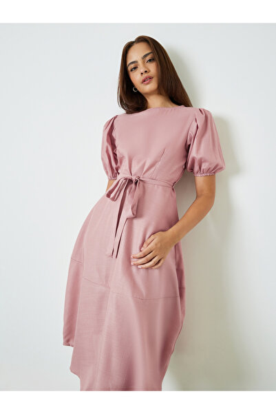 Styli Pink A-Line Midi Dress with Puff Sleeves