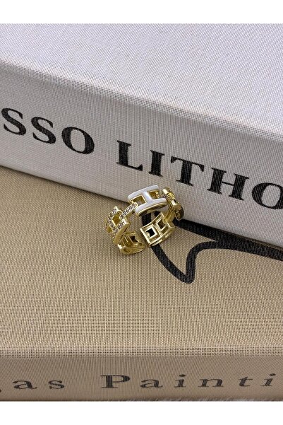 Hedef Bijuteri Gold Color White Pearlescent H Model Adjustable Minimal Brass ...