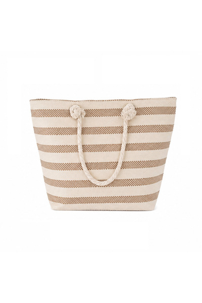 Bsr Beach bag, zipper closure, striped pattern, canvas, white+cream, 45x40 cm
