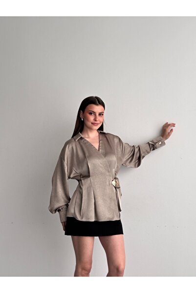 Fashionbox Kadın Saten Kruvaze Bağlamalı Toka detaylı Bluz 261006