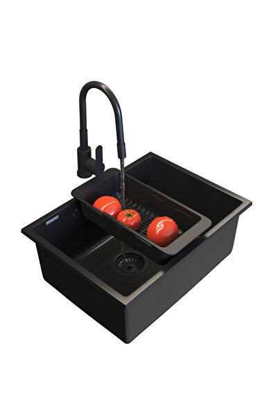 Granitan Pachet Chiuveta Granit Manado 60 Negru, set cu robinet flexibil si s...