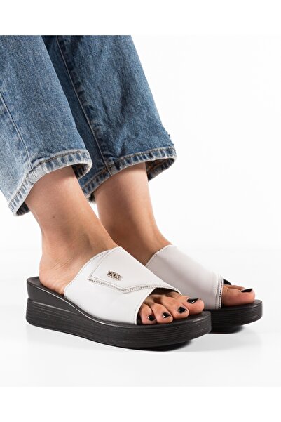 ALOGO Papuci dama cu platforma Albi din Piele Ecologica Zulu