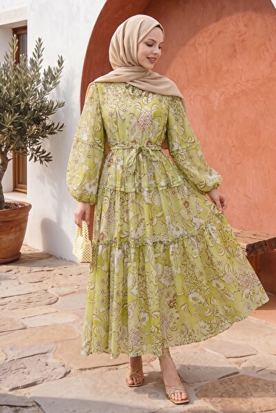 InStyle Shawl Patterned Lace-Up Pistachio Green Dress