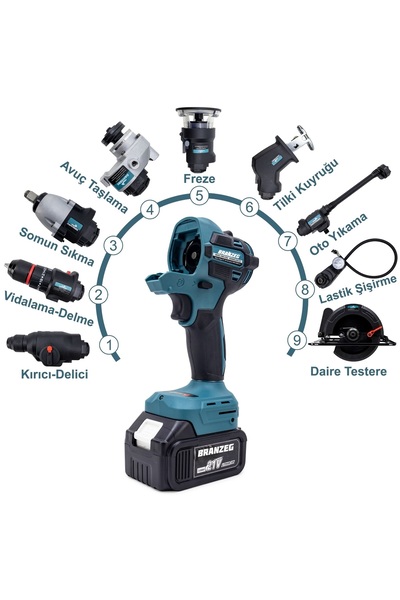 BRANZEG 9 Dokuz Başlıklı Matkap Seti Kömürsüz Yeni Nesil Motor 2X Batarya
