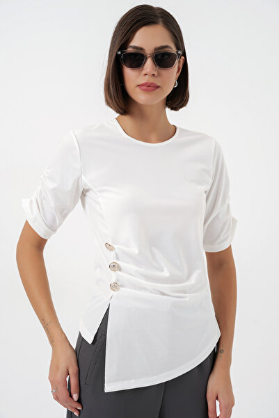 Merterium Women's Button Detailed Sandy Blouse 1462 - White