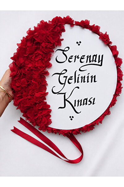 ELYNA Kırmızı Gelin Defi, Çiçekli 32 cm, Kına Düğün Sünnet Düğünü Tefi