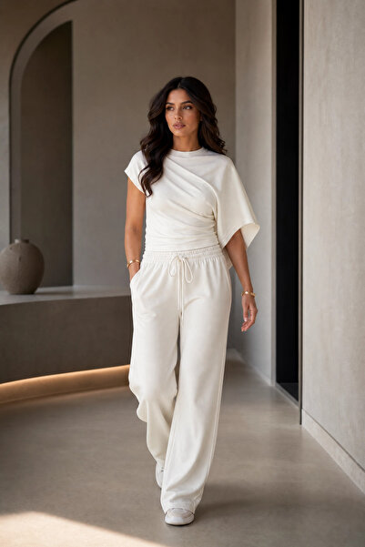 Modark Women's White Asymmetrical Draped Double Suit - Wide Leg Soft Knitted ...