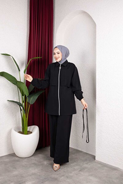 Weak Blue Women's Hijab Suit Double Layered Look Zippered Tunic Wide Leg Pant...