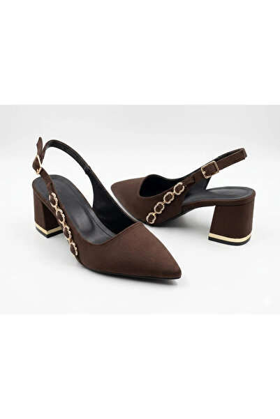 MFT AYAKKABI Brown Stone Detailed Low Thick Heeled Pointed Toe Shoes