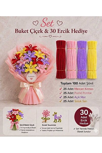 hyc heryerçiçeklenir Chenille Flower Making Set 100 Pieces (M.Red, P.Pink, A....