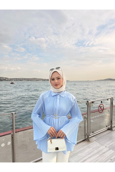 LOCCO Kadın Gizli Düğme Detay Pliseli Kemer Tokalı Gömlek Mavi
