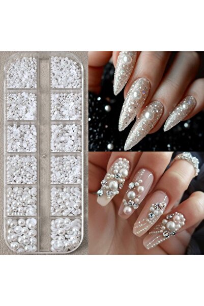 OEM Set de perle semirotunde pentru nail art, perle albe de mărimi mixte