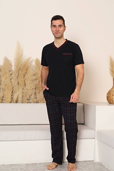 ALİMER Men's Pajama Set - Black Checkered V-Neck Short Sleeve Combed Cotton 1...