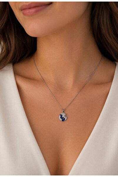 Belasso Steel Gold Color Navy Blue Bird Figured Zircon Stone Women's Necklace