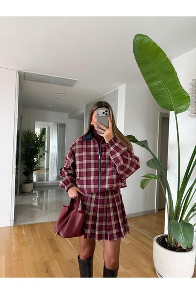 MERVE AKSOY Marita Ekose Desen Bomber Ceket - Bordo