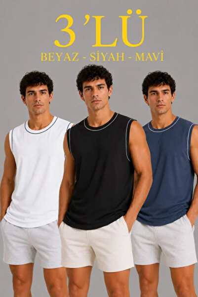 pazarella Men's 3-Piece Sleeveless Athlete Set Summer Crew Neck - Black, Whit...