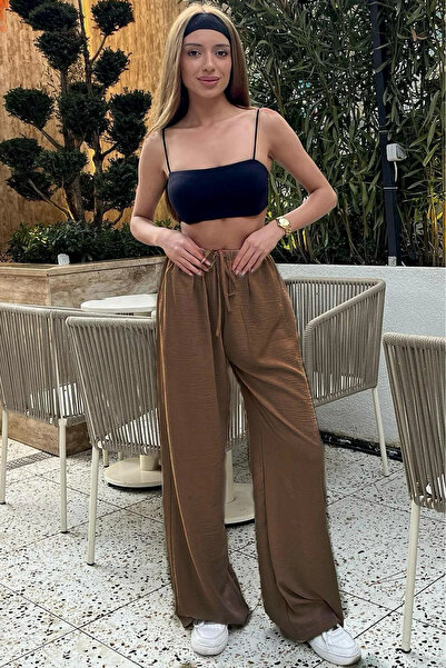 TRENDNATUREL Women's Brown Linen Blended High Waist Loose Wide Leg Palazzo Tr...
