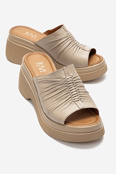 LuviShoes Nellie Beige Genuine Leather Women's Wedge Sole Slippers