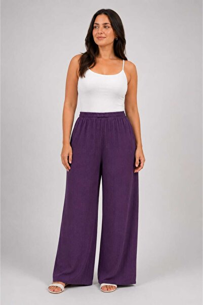 neocotton Pantaloni Palazzo de damă, cu textură încrețită, croială confortabilă