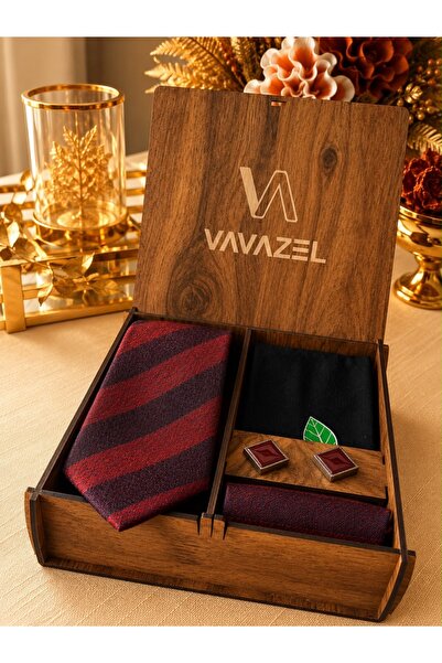 vavazel Premium Wooden Boxed Men's Tie Set – 7.5 cm Classic Burgundy Striped ...