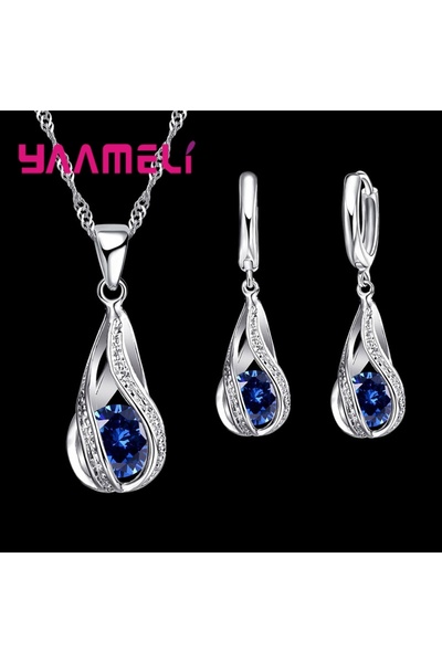 Choice5 Blue Hot Water Drop CZ 925 Sterling Silver Plated Jewelry Set For Wom...