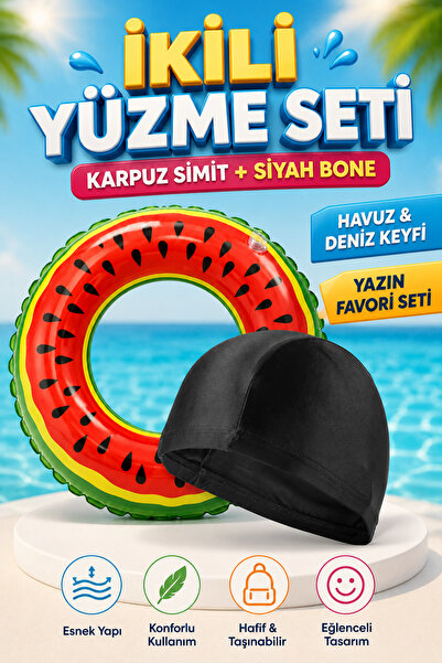 viyol marketim Çocuk Yüzme Seti – Karpuz Desenli 55 cm Şişme Simit + Siyah Yü...