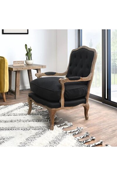 homejoyz Armchair Linen Fabric and Svedy Wood-Black-Nero-74X76X94 cm
