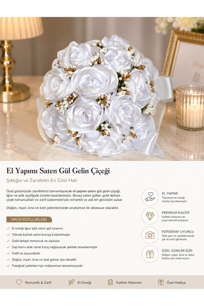 EL YAPIMI BEYAZ SATEN GÜL GELİN ÇİÇEĞİ BUKETİ