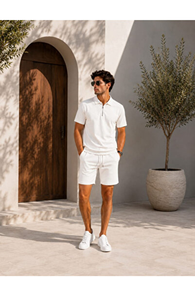 LU DUE Casual Stylish Summer Vortex Fabric Zippered Polo Collar T-Shirt and S...