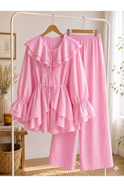 MODA VEDAT Kadın Yaka Kol Detaylı Bel İpli Pantolon Takım -0750 ( 38-46 BEDEN...