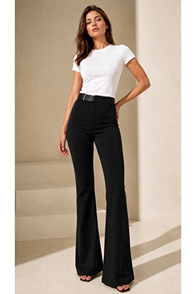 Heyya Women's Half-Belted Spanish Flare Fabric Trousers Black