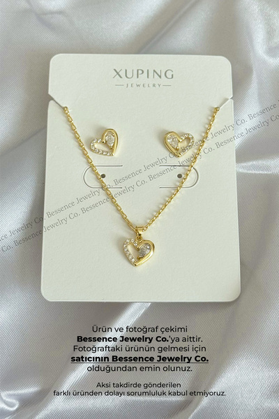 BESSENCE JEWELRY CO. Xuping 14K Gold Yarı Taşlı Kalp Model Kolye ve Küpe Komb...