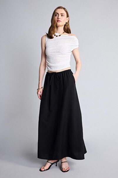 DeFacto A-Line Regular Waist Wrinkled Textured Viscose Midi Navy Blue Skirt I...