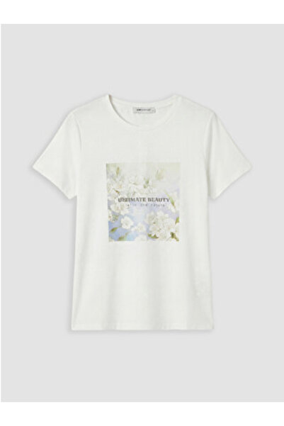 LC Waikiki New Season White Crew Neck Printed Women's T-Shirt
