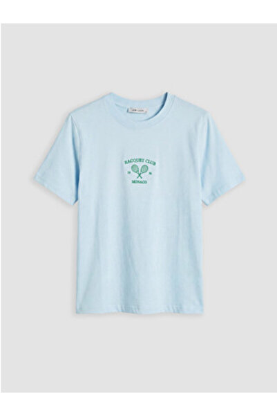 LC Waikiki New Season Blue Embroidered 100% Cotton Women's T-Shirt