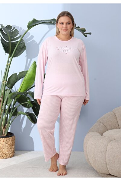 lindros Women's big size light pink pajamas, Winter Vibes print, 100% cotton