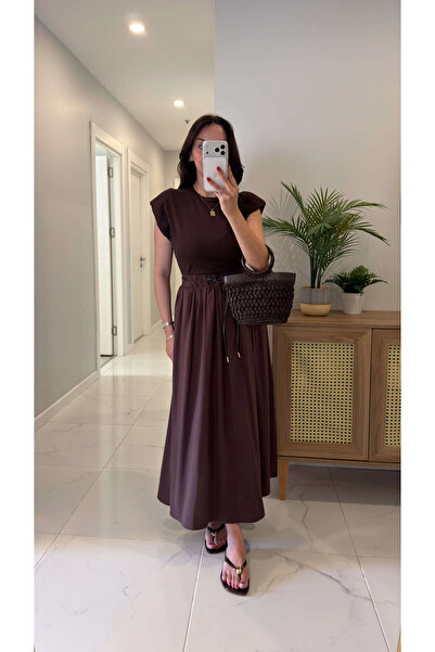 BİRCANÇİL Folksy Brown Padded Belted Dress