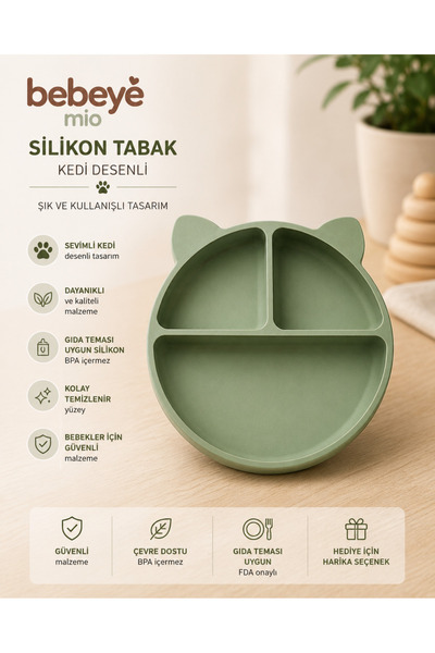Bebeye Vakum Tabanlı Silikon Mama Tabağı - Olive Green