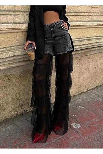 ADAMODA.RO Elastic flared jeans with tulle ruffles