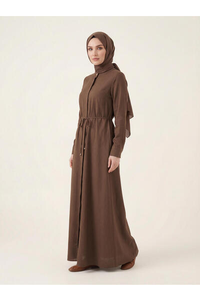 Beyza Lace-Up Linen Robe with Front Closure, High Collar, Long Sleeves 9542-2...