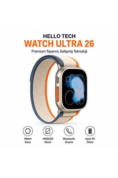Hellotech Hello Tech Watch Ultra 26 Akıllı Saat 49mm AMOLED Ekran AI Destekli IP68 Suya Dayanıklı 2 Kordonlu