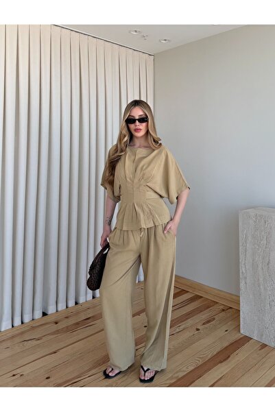 Laluvia Stone Bat Sleeve Waist Blouse Loose Trousers Set - 650008