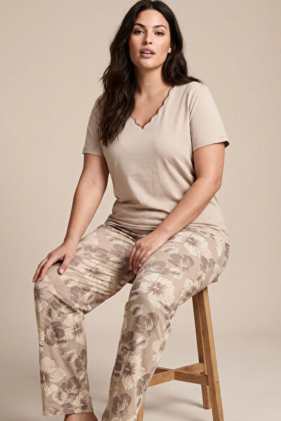 Siyah İnci Beige Patterned Large Size Oversized Viscose Knitted Pajama Set